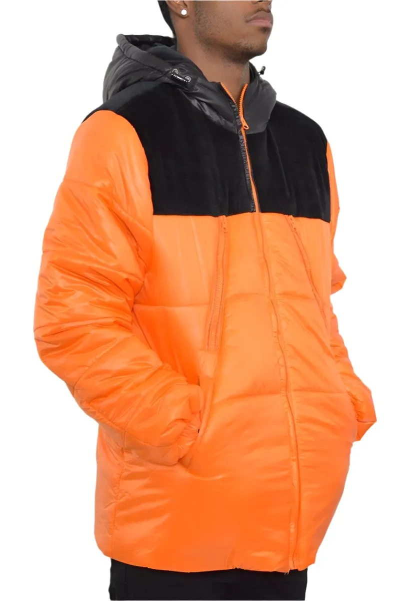 Mens Orange And Black Quarter Suede Puffer Down Jacket