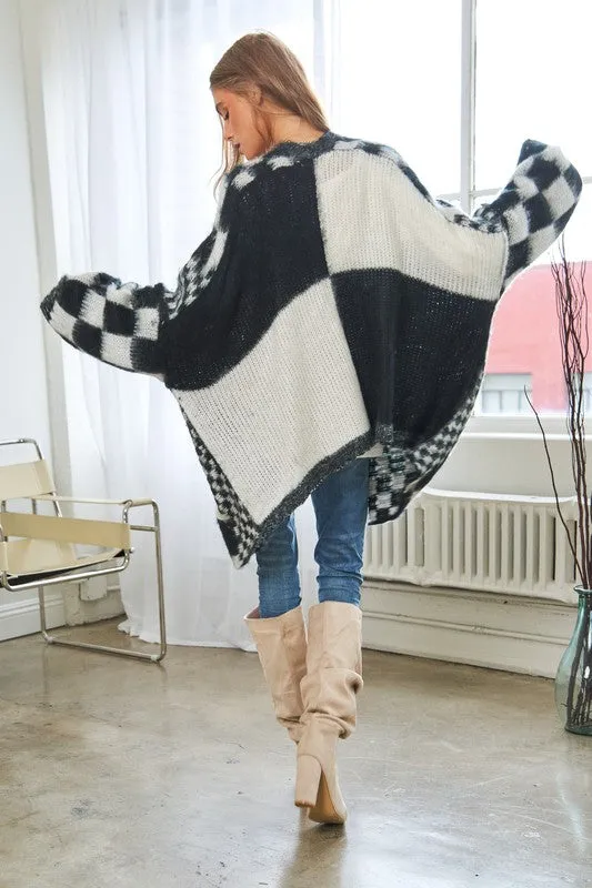 Multi Checker Long Sleeve Loose Fit Open Cardigan