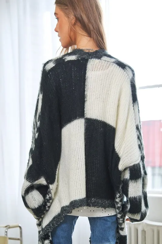 Multi Checker Long Sleeve Loose Fit Open Cardigan