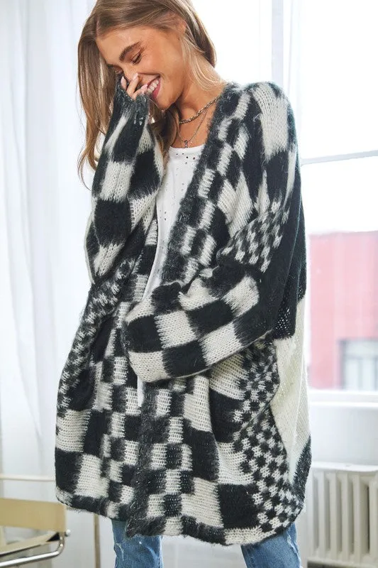 Multi Checker Long Sleeve Loose Fit Open Cardigan