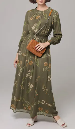 Nadia Smocked Print Chiffon Modest Long Maxi Dress - Olive