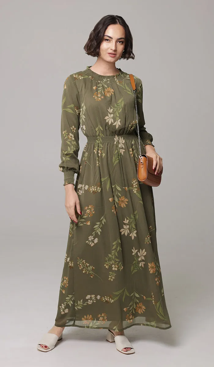 Nadia Smocked Print Chiffon Modest Long Maxi Dress - Olive