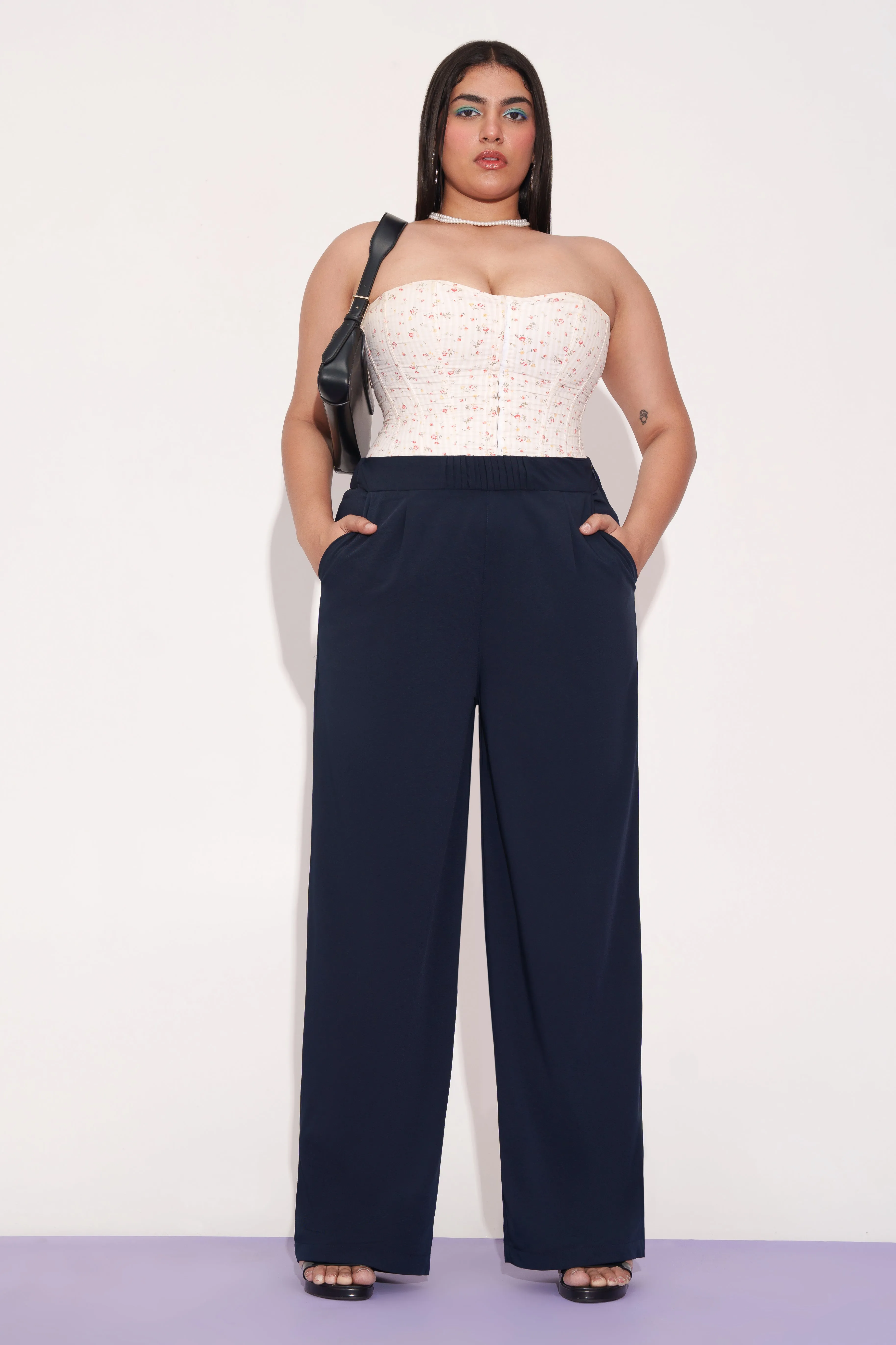 Navy Chisel Pleated Waistband Curve Korean Pants