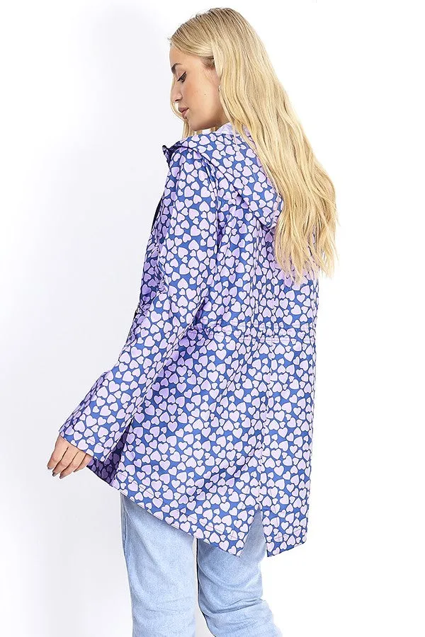 NAVY HEART PRINT LIGHTWEIGHT HOODED MAC