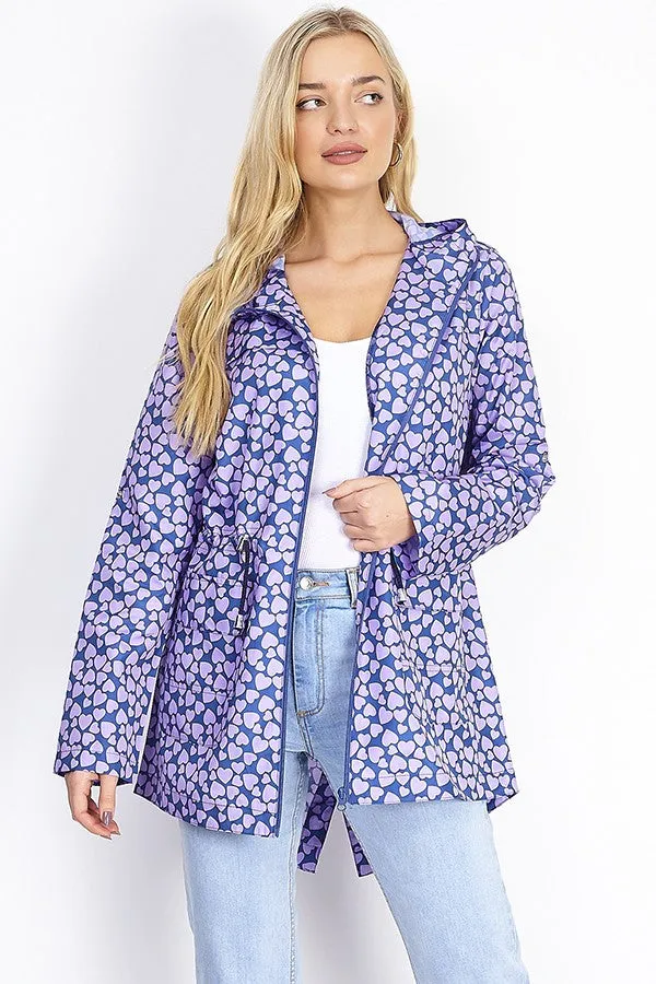 NAVY HEART PRINT LIGHTWEIGHT HOODED MAC