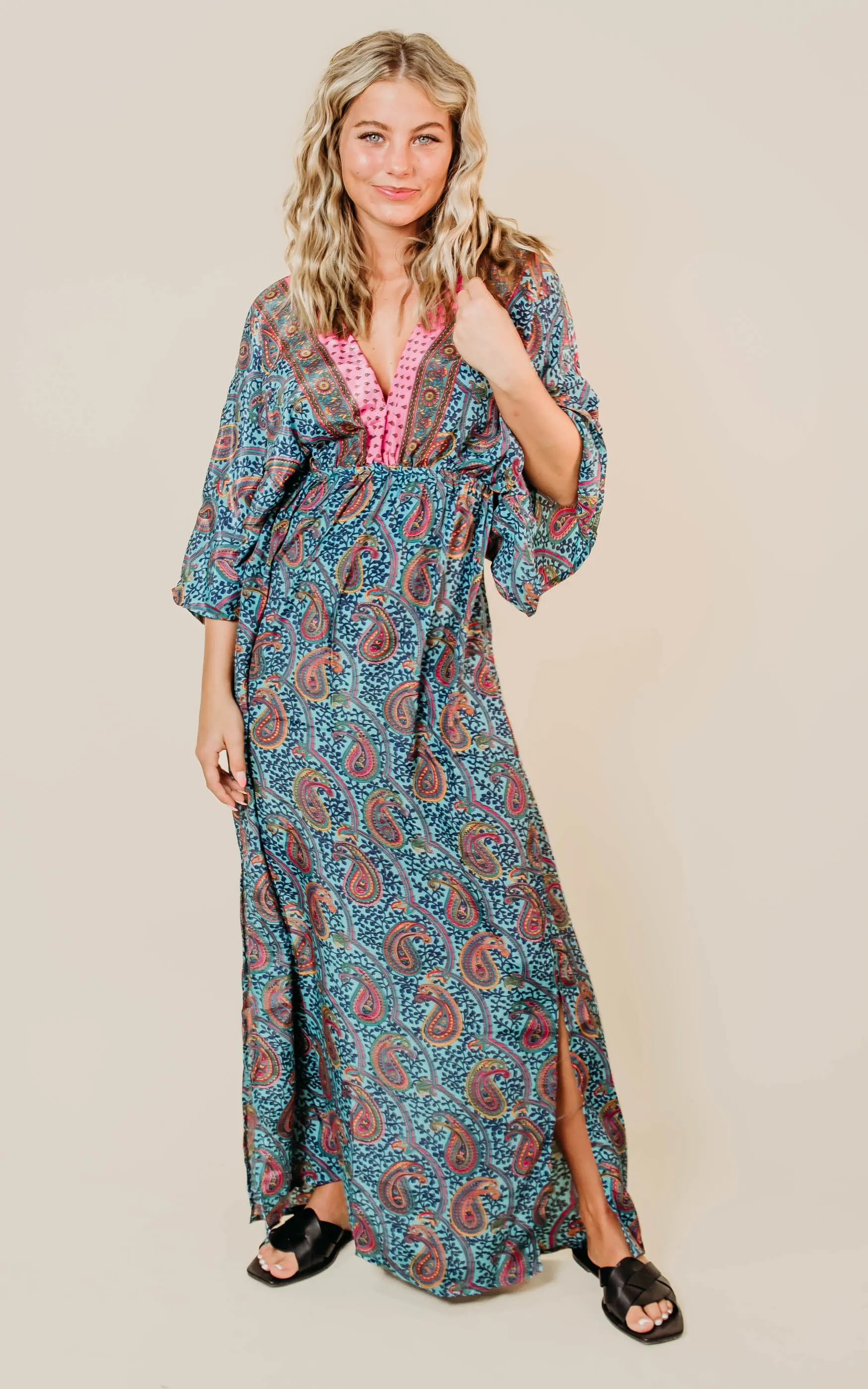 Paisley Kimono Maxi Dress -Blue/Yellow/Fuchsia -Final Sale