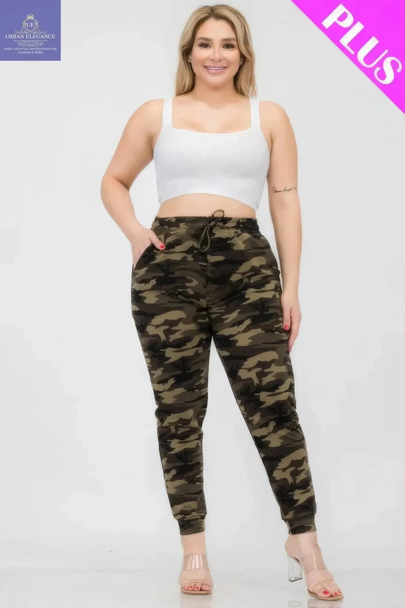 Plus Size French Terry Camo Print Joggers