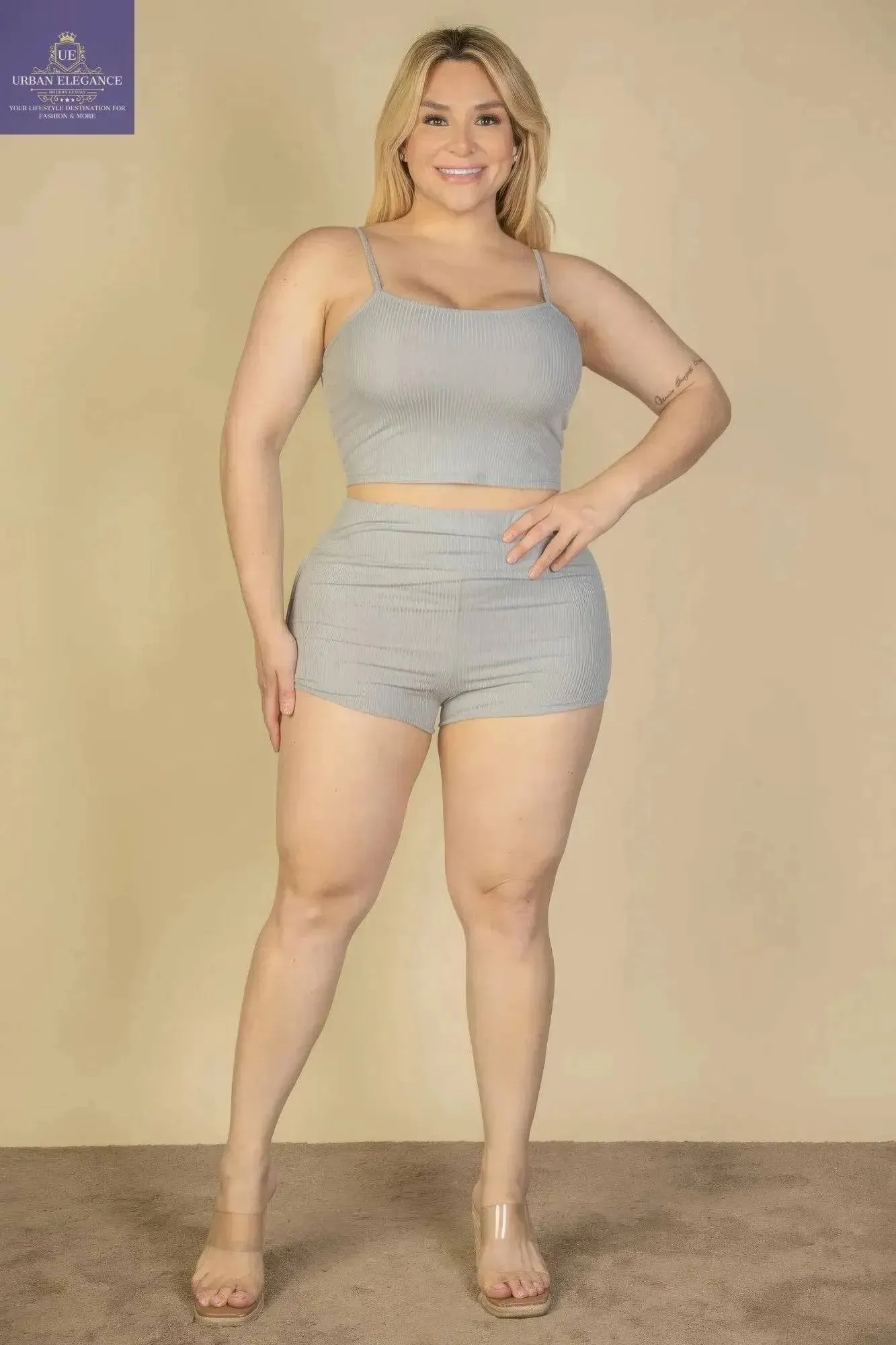 Plus Size Grey Ribbed Cami & Shorts Set