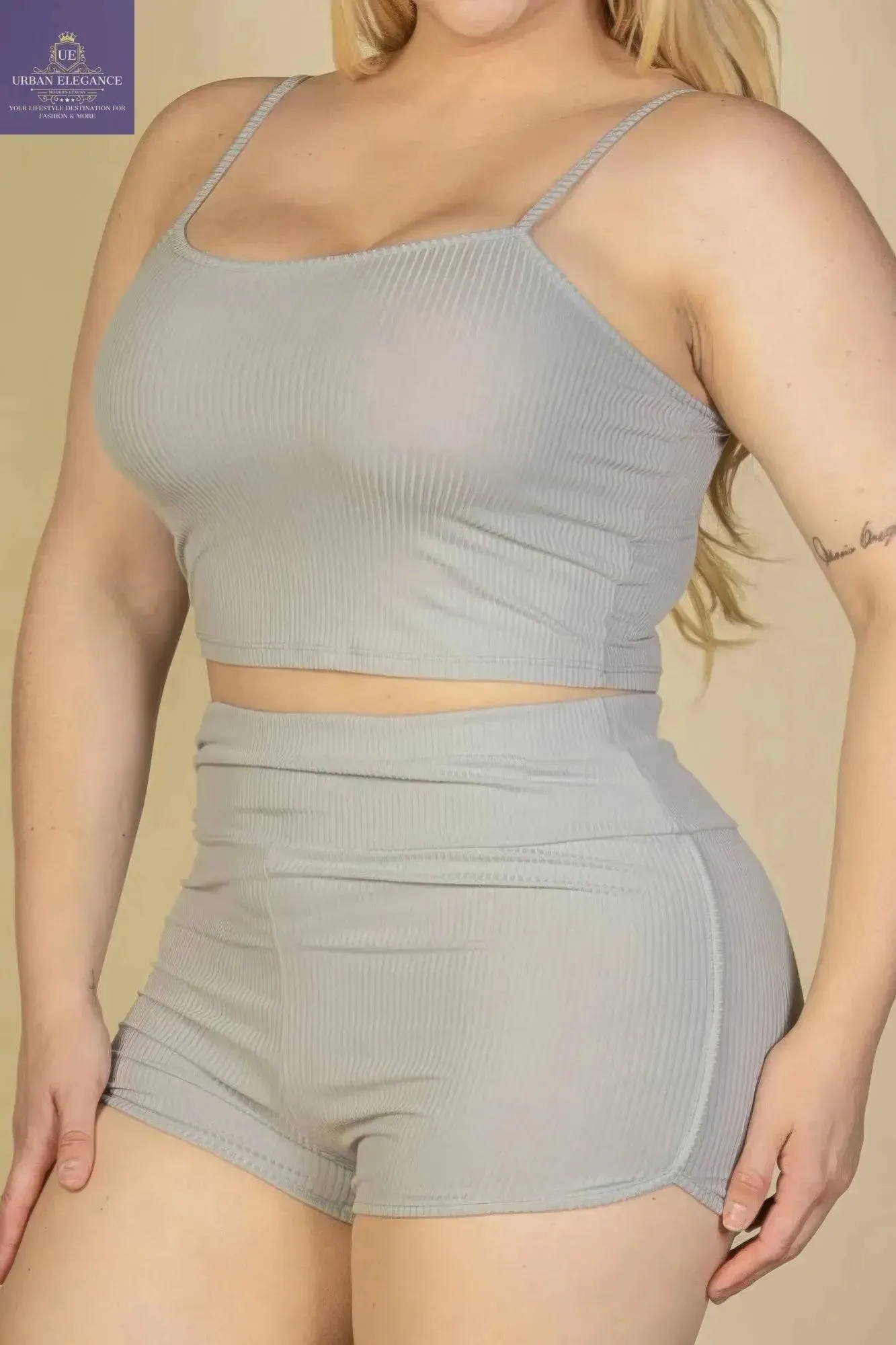 Plus Size Grey Ribbed Cami & Shorts Set