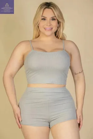 Plus Size Grey Ribbed Cami & Shorts Set