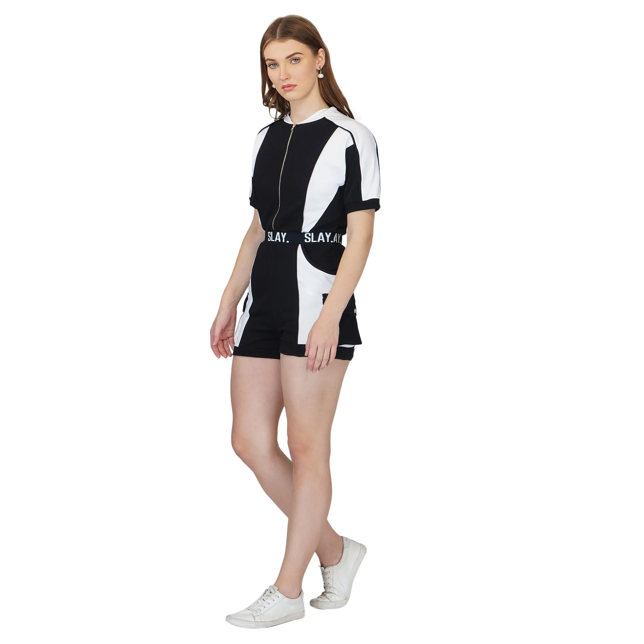 SLAY. Women's Colorblock Romper Black & White