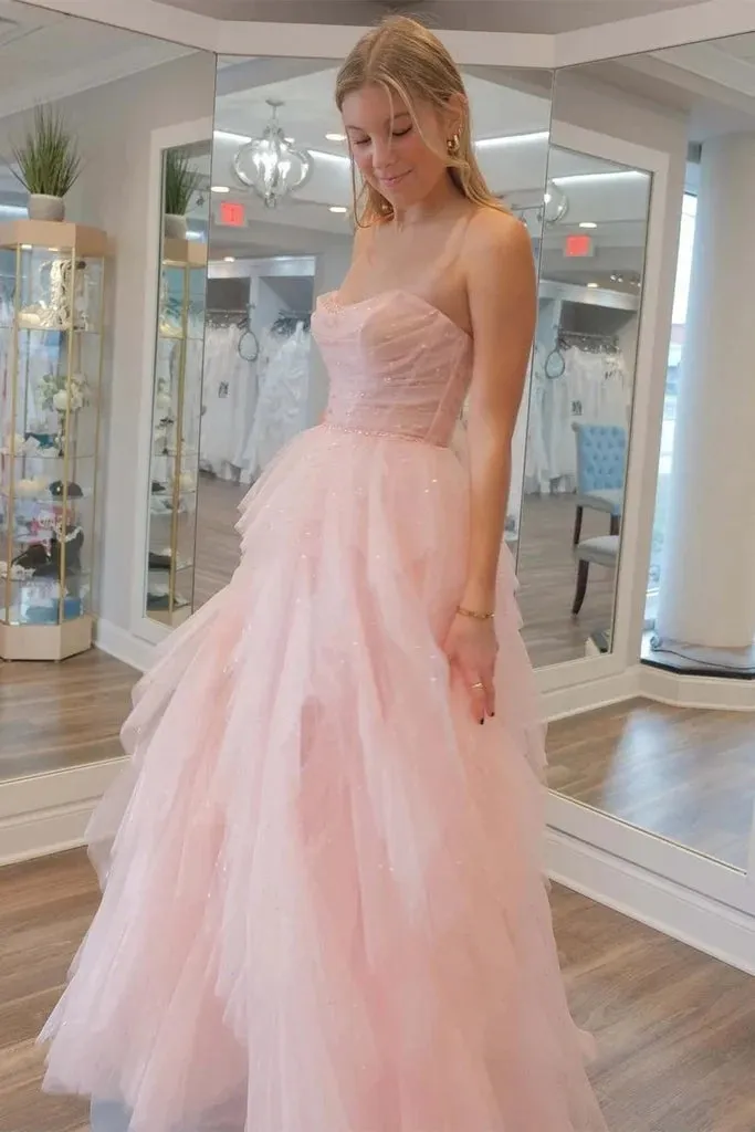 Strapless Sequin Beaded Tulle Stunning Light Pink Prom Dresses