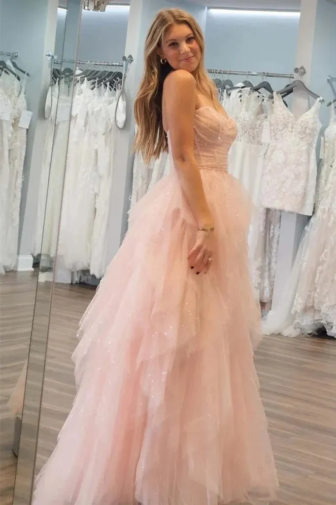 Strapless Sequin Beaded Tulle Stunning Light Pink Prom Dresses