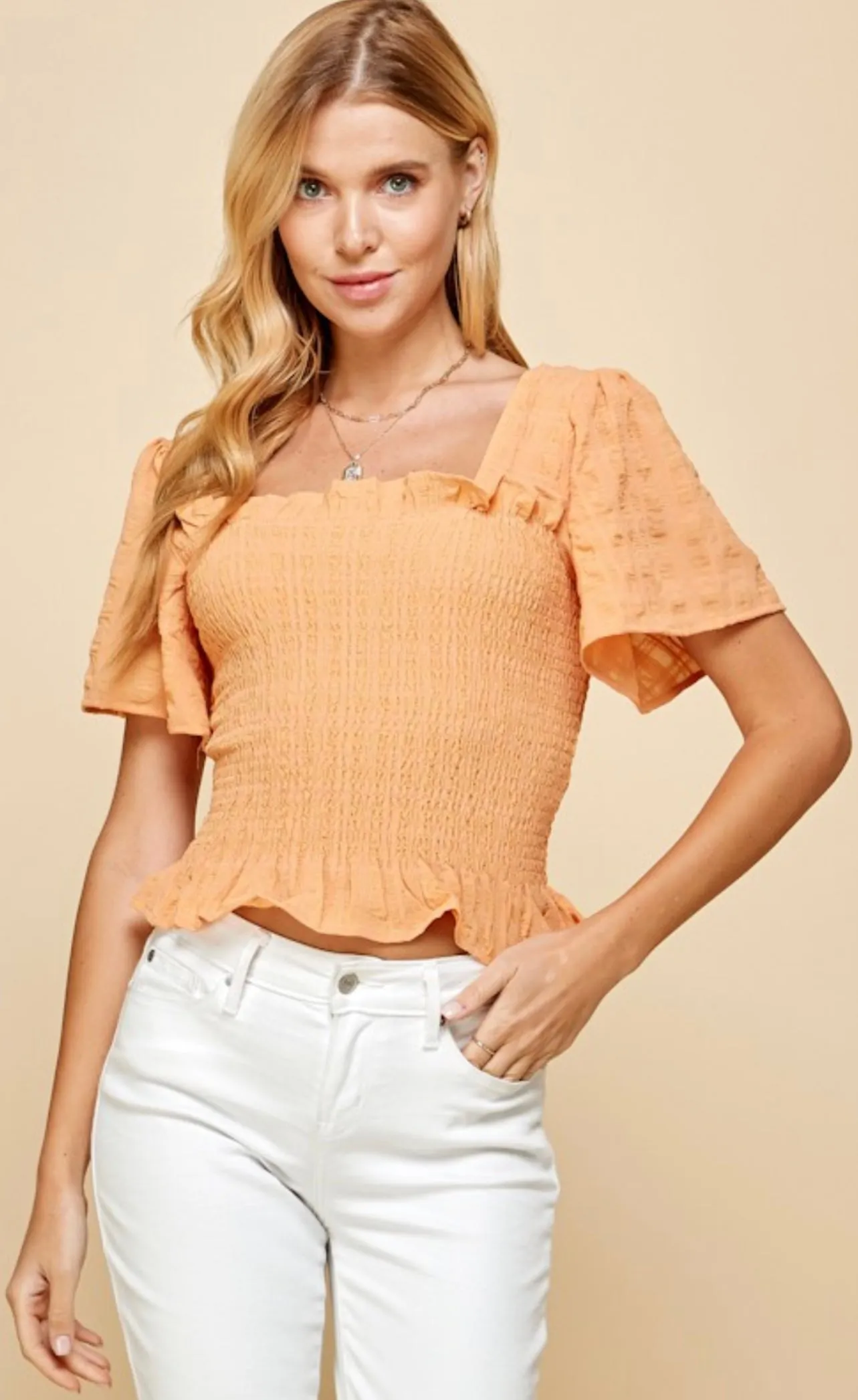 Textured Smocking 1/2 Sleeve Tangerine