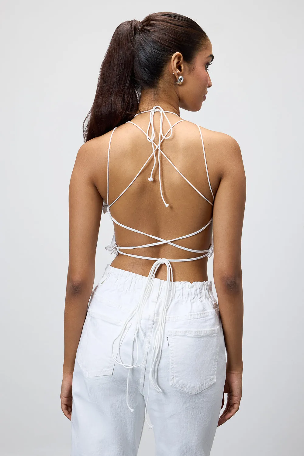 White Flower Power Backless Tie-Up Top