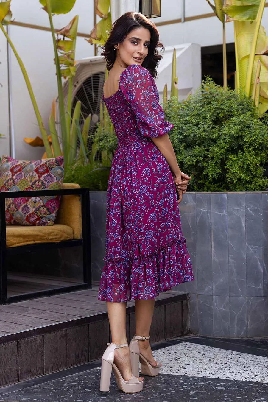 Wine Flowy Printed Dress