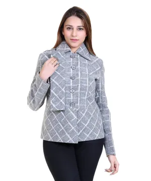 Women Check Print Designer Winter Short Coat with Stylish Flap