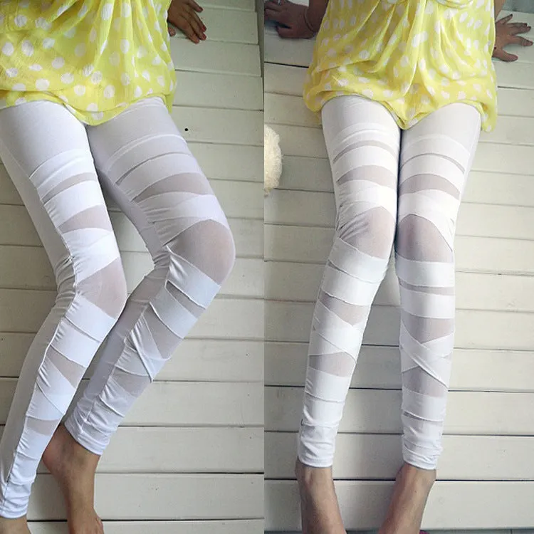 Women Punk Legins Lady Stretching Bandage Compression Leggings Splicing Gauze Sexy Pencil Pants