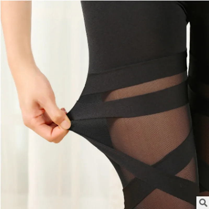 Women Punk Legins Lady Stretching Bandage Compression Leggings Splicing Gauze Sexy Pencil Pants