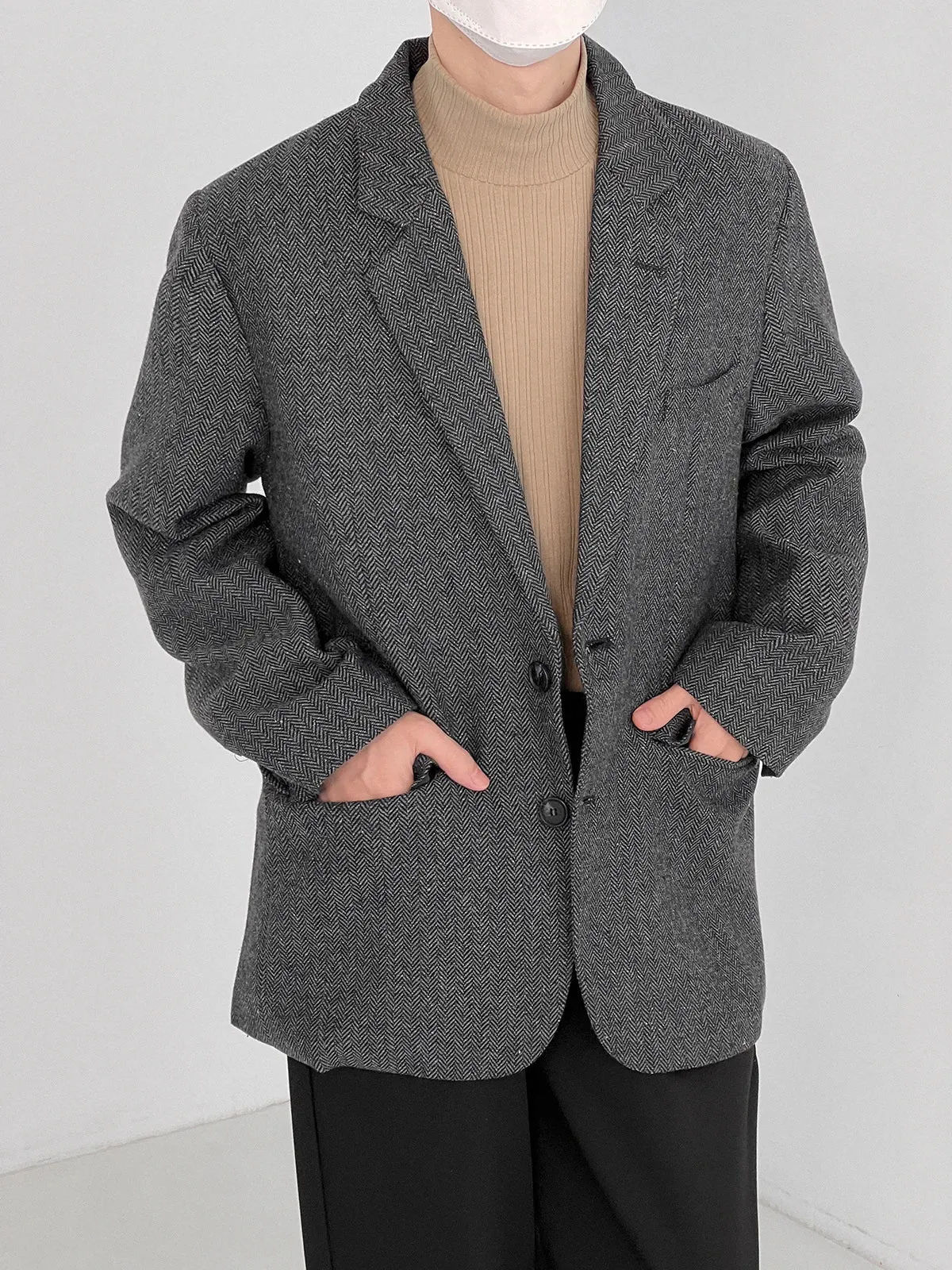 xiangtuibao Fashion Casual Men's Long Sleeve Single-breasted Thickned Autumn Winter Tweed Blazer New Korean Chic Suit Coat 2D1352